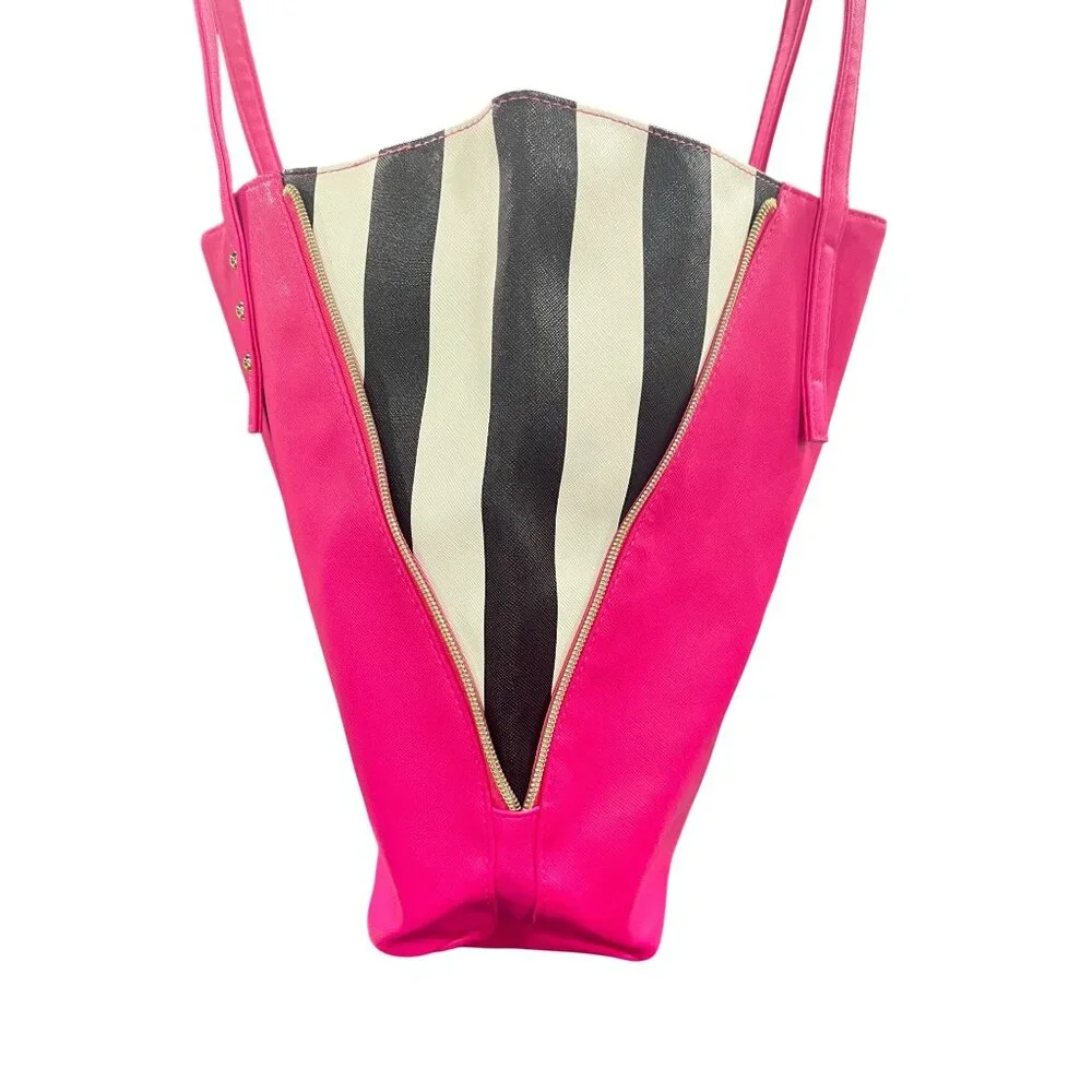 Juicy Couture Pink & Black Striped Tote Bag With Gold Stud Accents